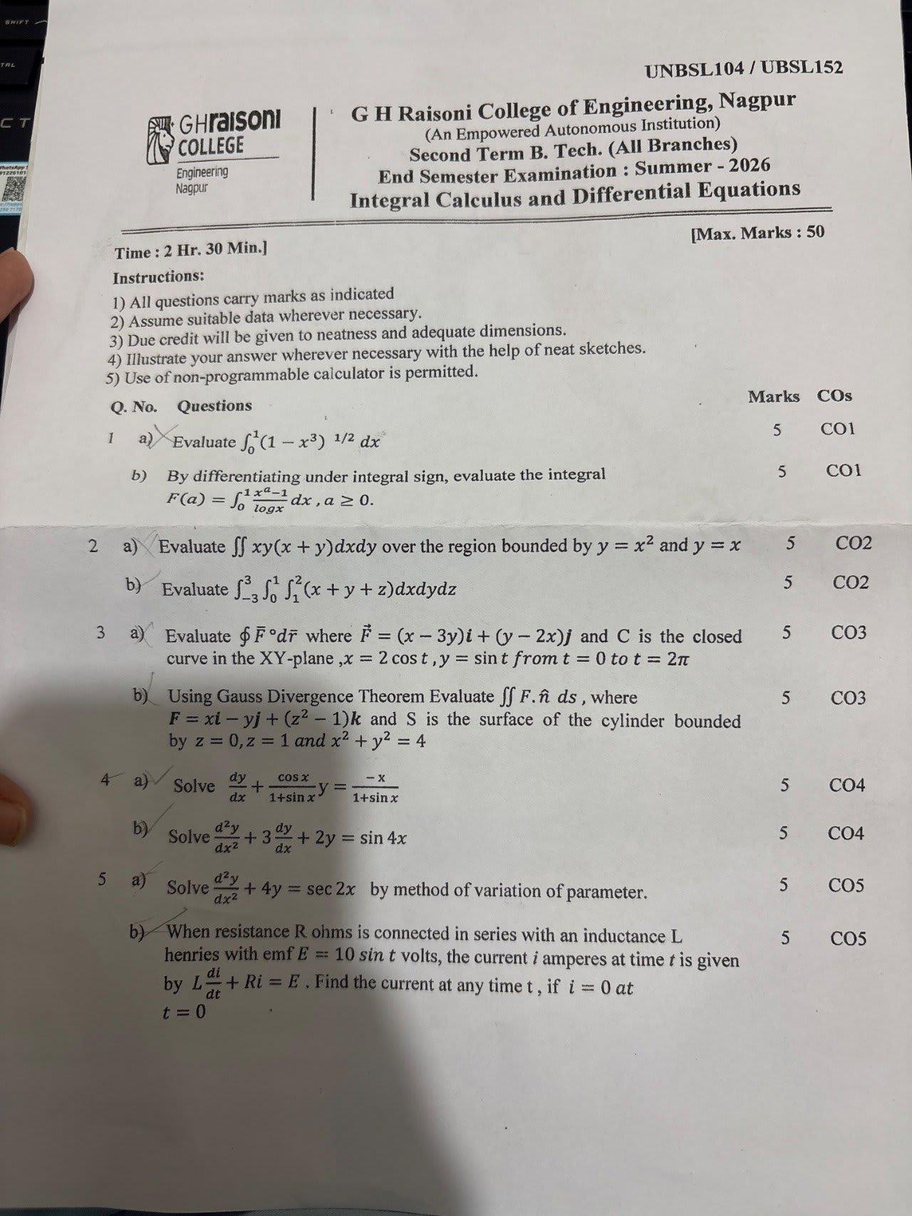 ICDE - Integral Calculus and Differential Equations Notes for G H Raisoni College of Engineering