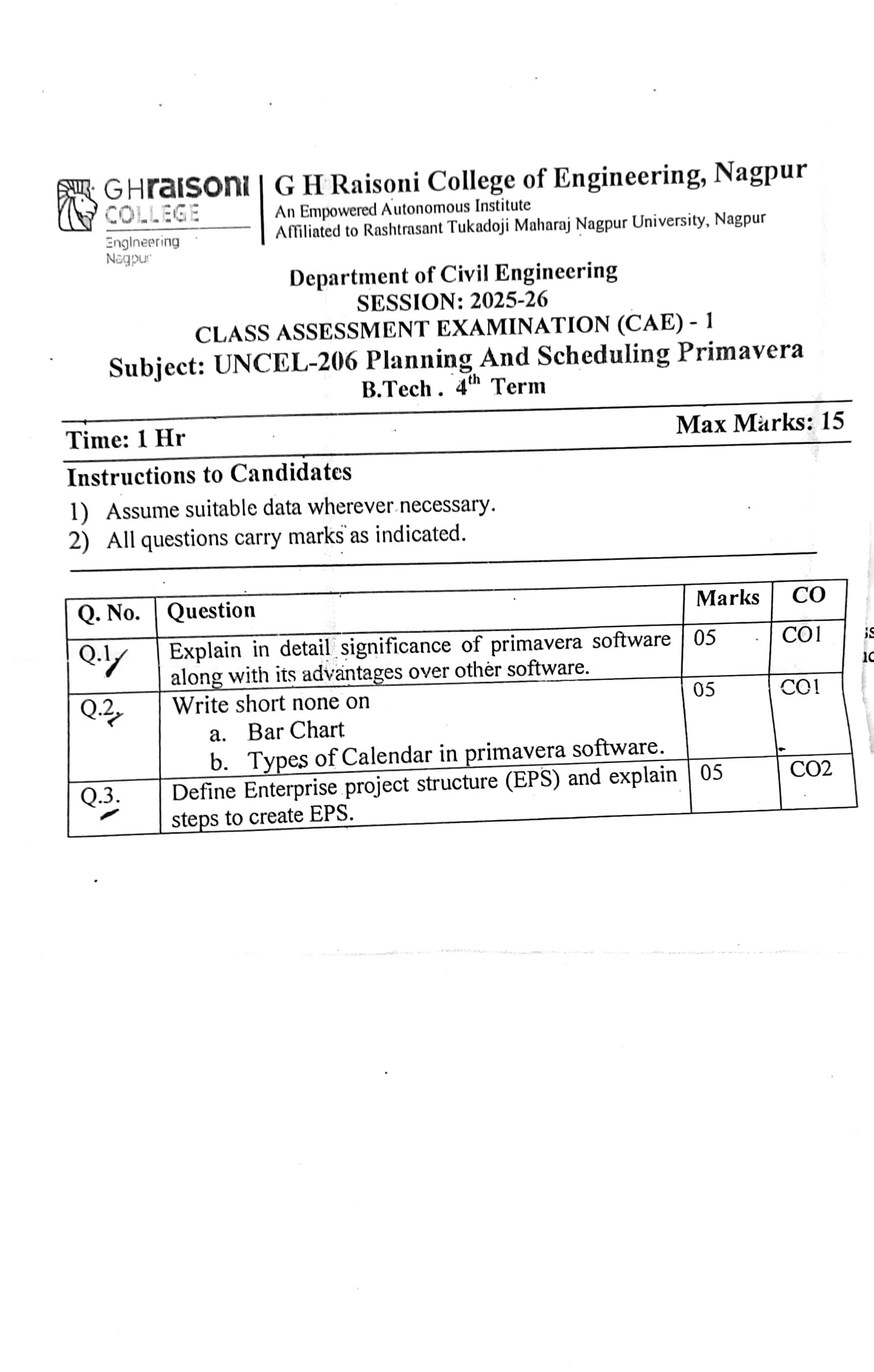 Planing and Scheduling Primavera - CAE1 - Uncategorized Notes for G H Raisoni College of Engineering
