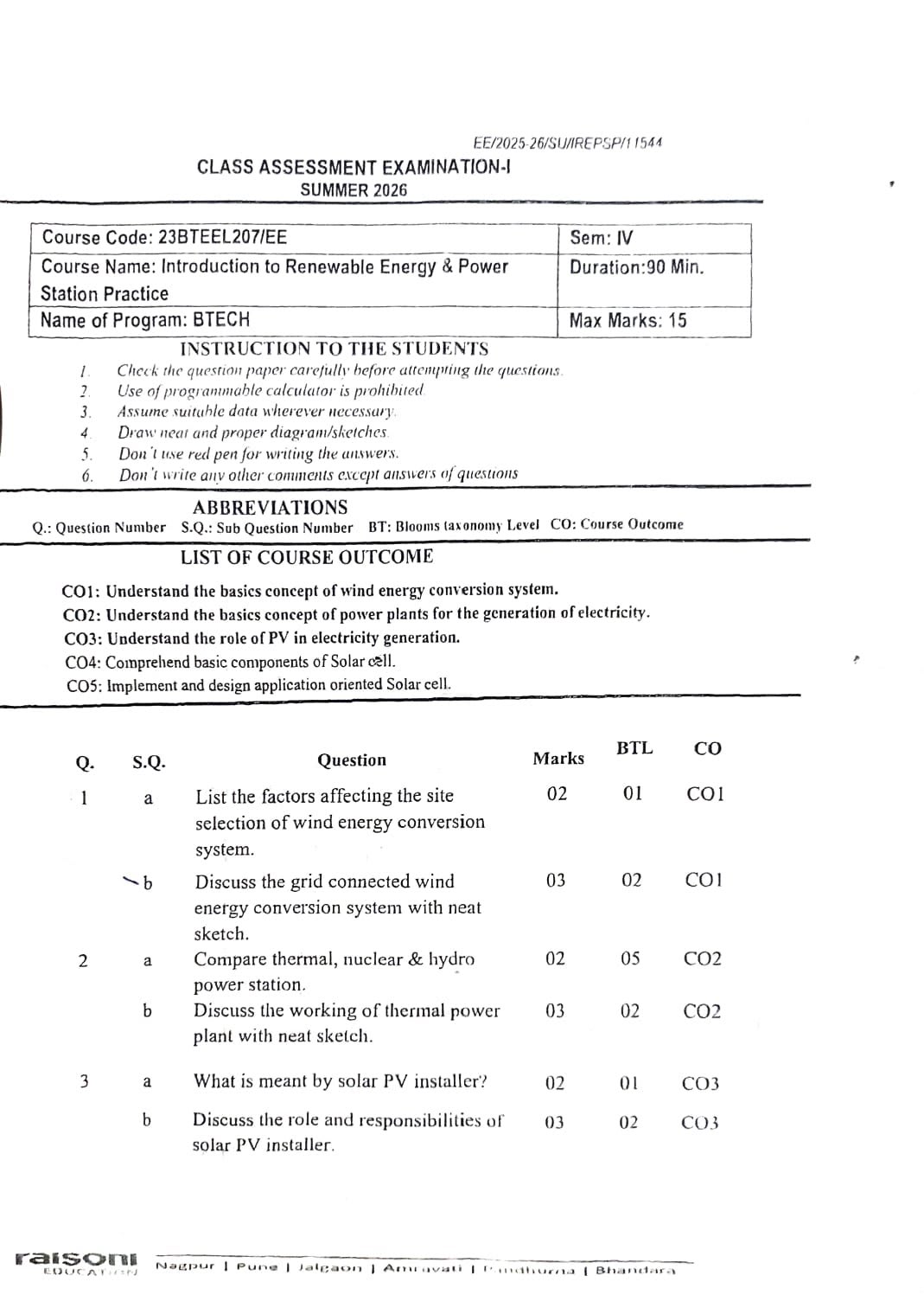 Introduction to renewable energy and power station practices - CAE1 - Uncategorized Notes for G H Raisoni College of Engineering and Management