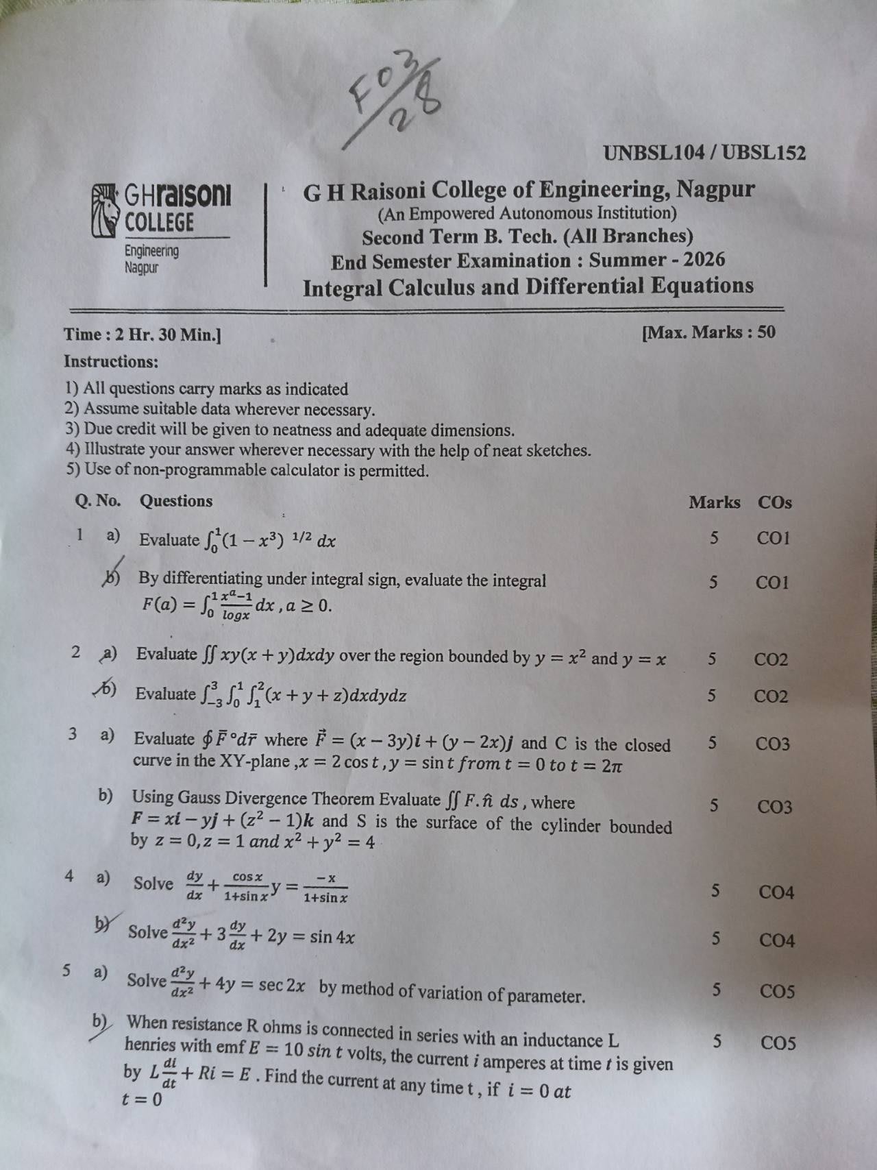 IC&DE - Integral Calculus and Differential Equations Notes for G H Raisoni College of Engineering