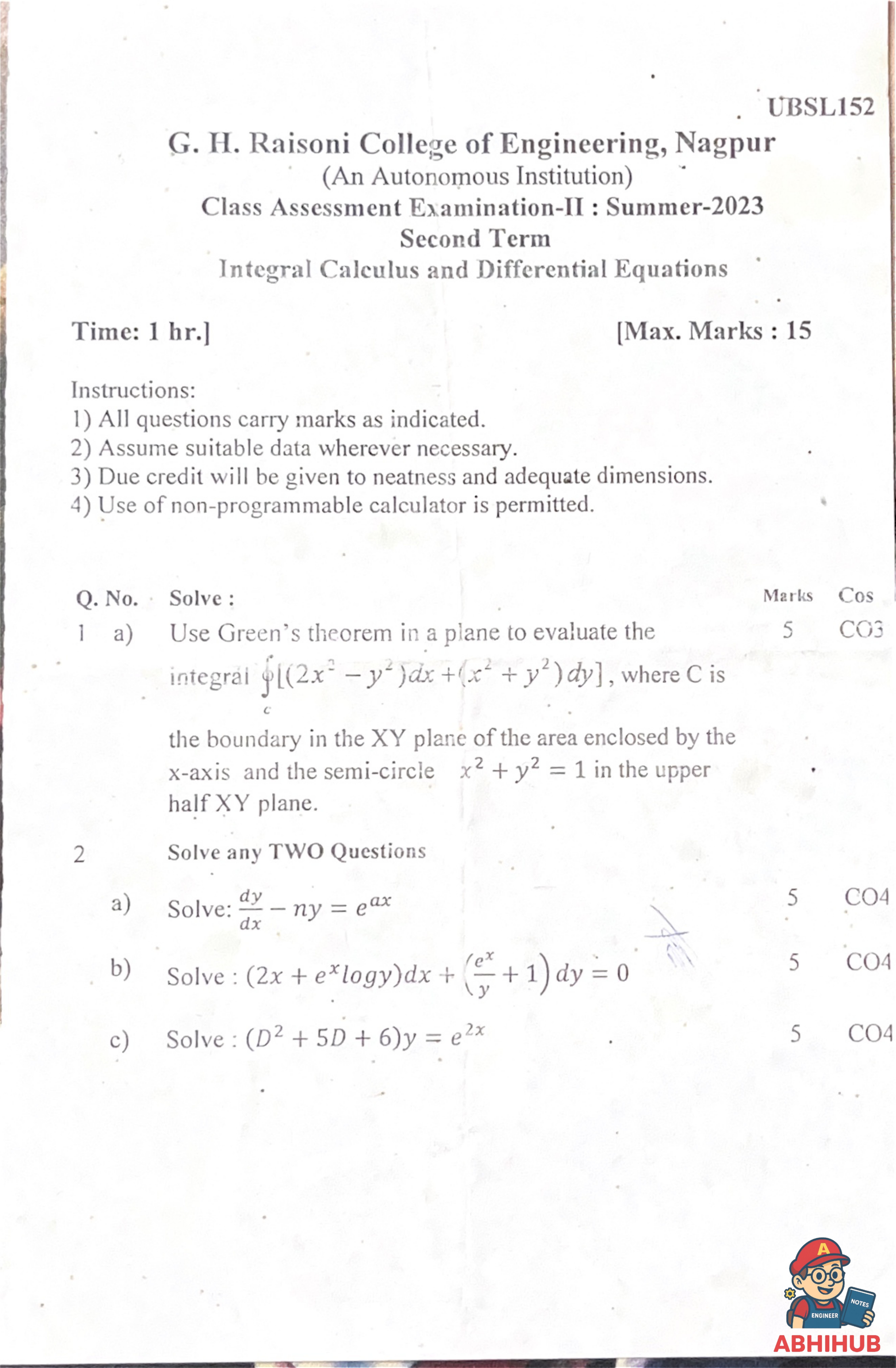 CAE2 Submission - Integral Calculus and Differential Equations Notes for G H Raisoni College of Engineering