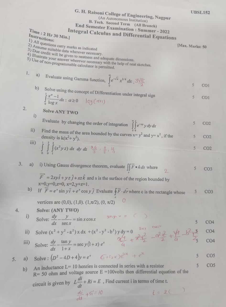 Icde - Integral Calculus and Differential Equations Notes for G H Raisoni College of Engineering