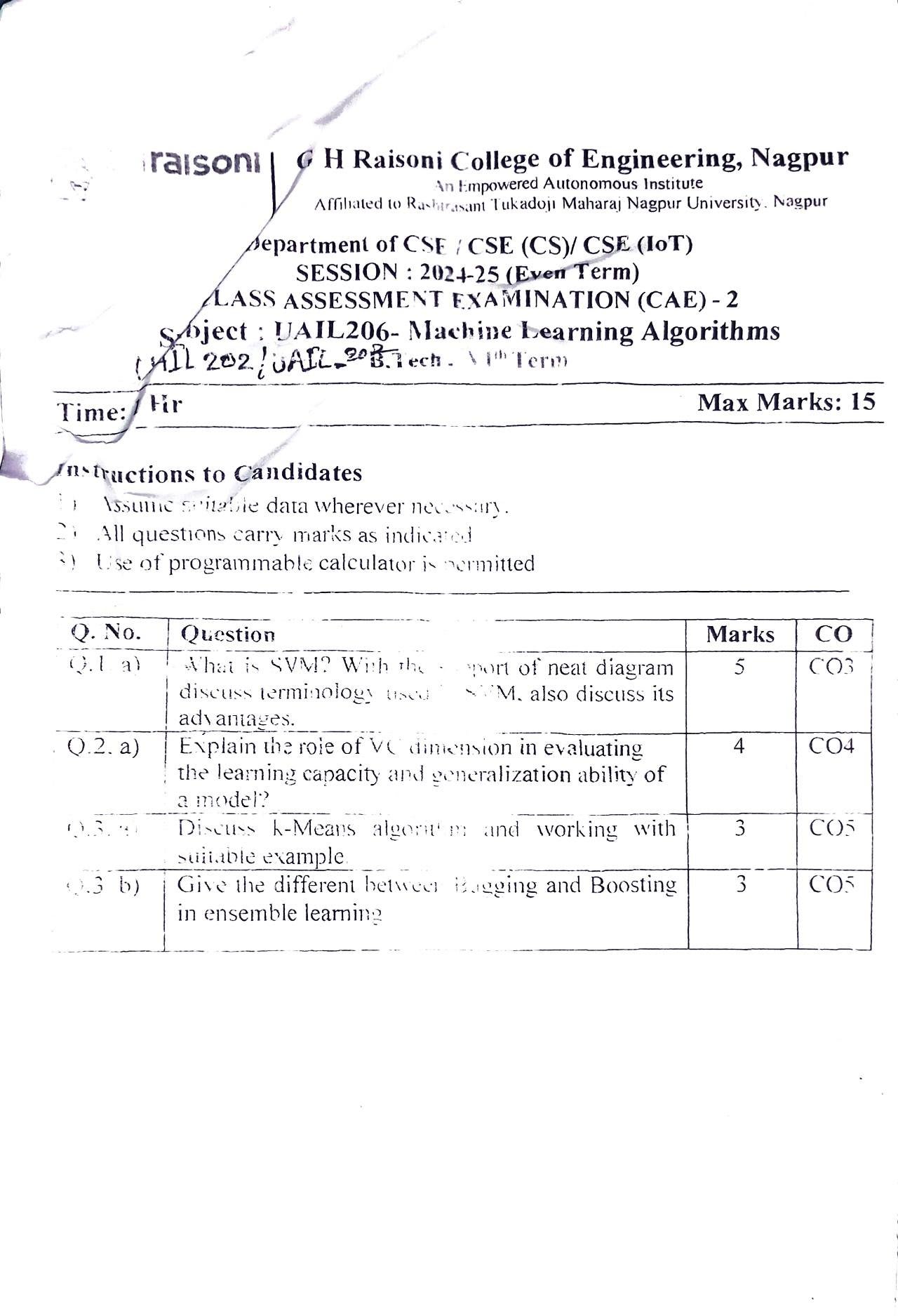 Machine Learning Algorithms - Machine Learning Algorithms  Notes for G H Raisoni College of Engineering