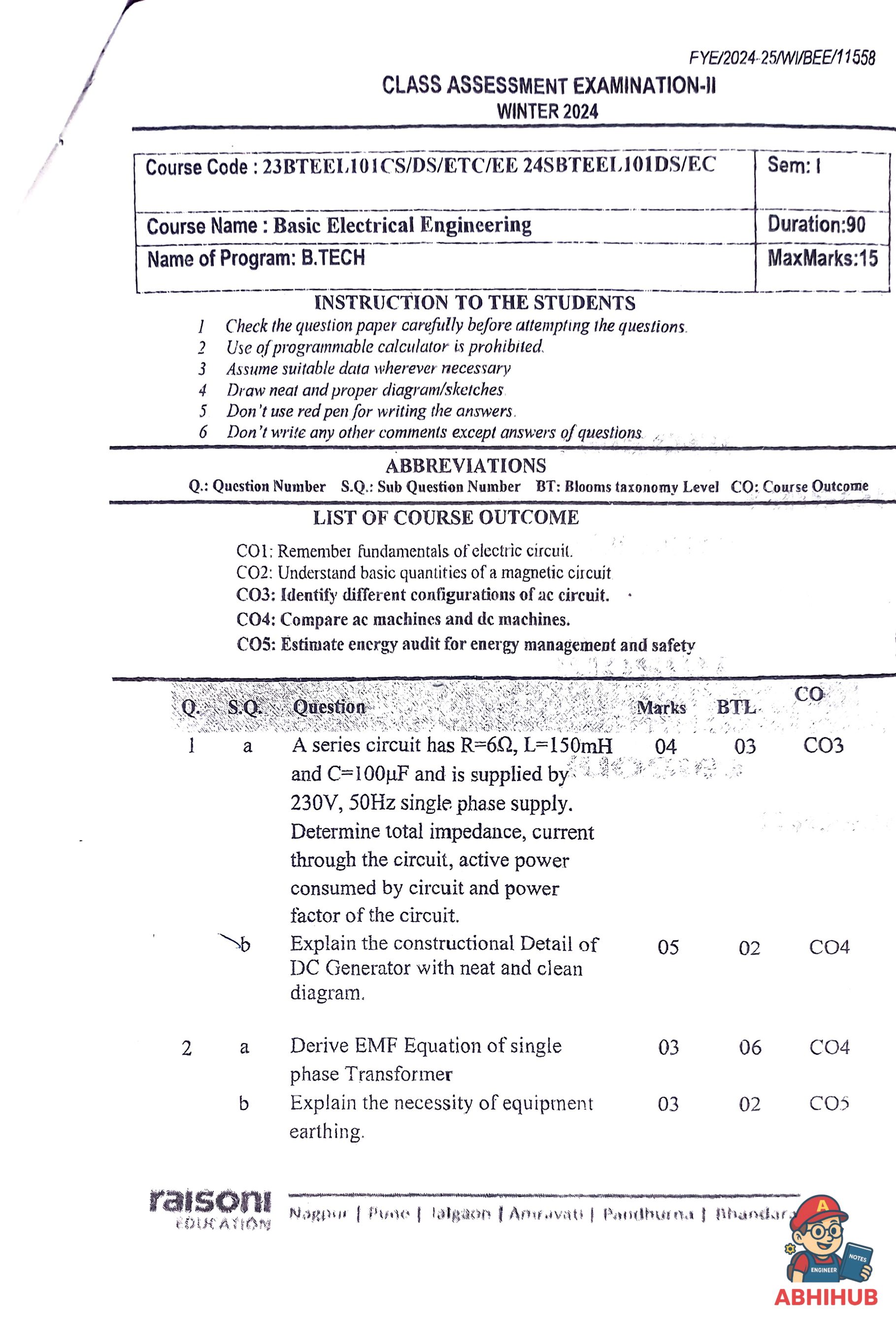 BEE_CAE2 - Basic Electrical Engineering Notes for G H Raisoni College of Engineering