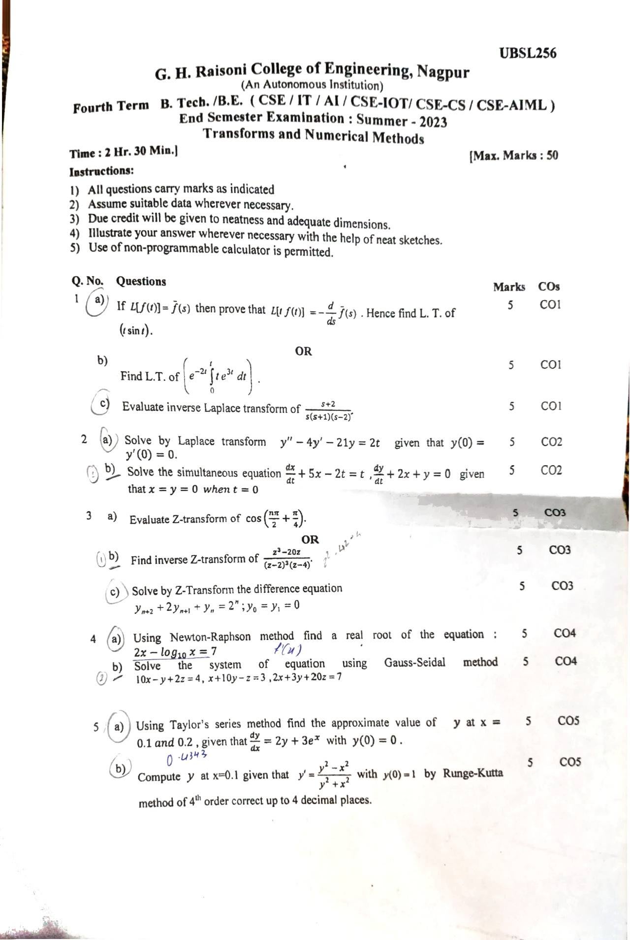 Transforms and Numerical Methods (UBSL256) - Transforms and Numerical Methods Notes for G H Raisoni College of Engineering