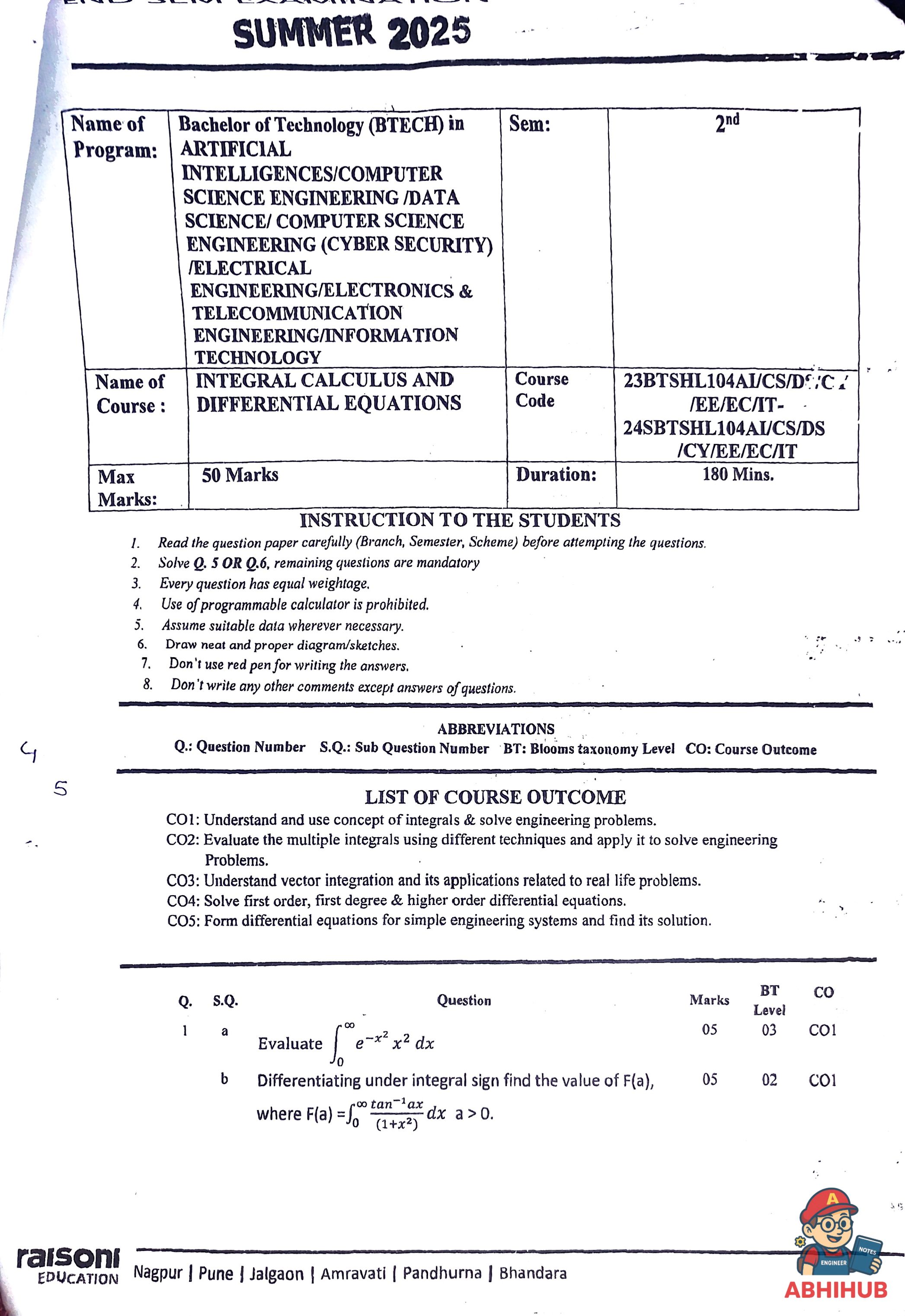 ESE Submission - Integral Calculus and Differential Equations Notes for G H Raisoni College of Engineering and Management