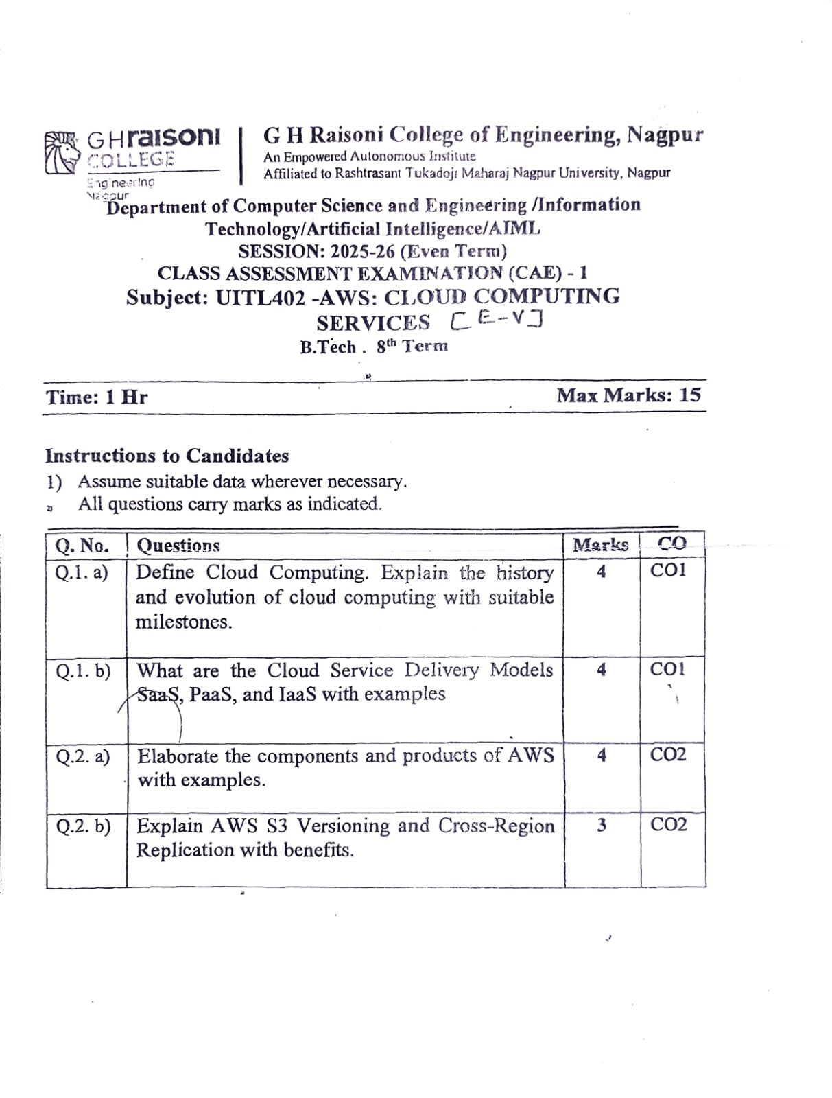 AWS: Cloud Computing Services - CAE1 - Amazon Web Services Notes for G H Raisoni College of Engineering