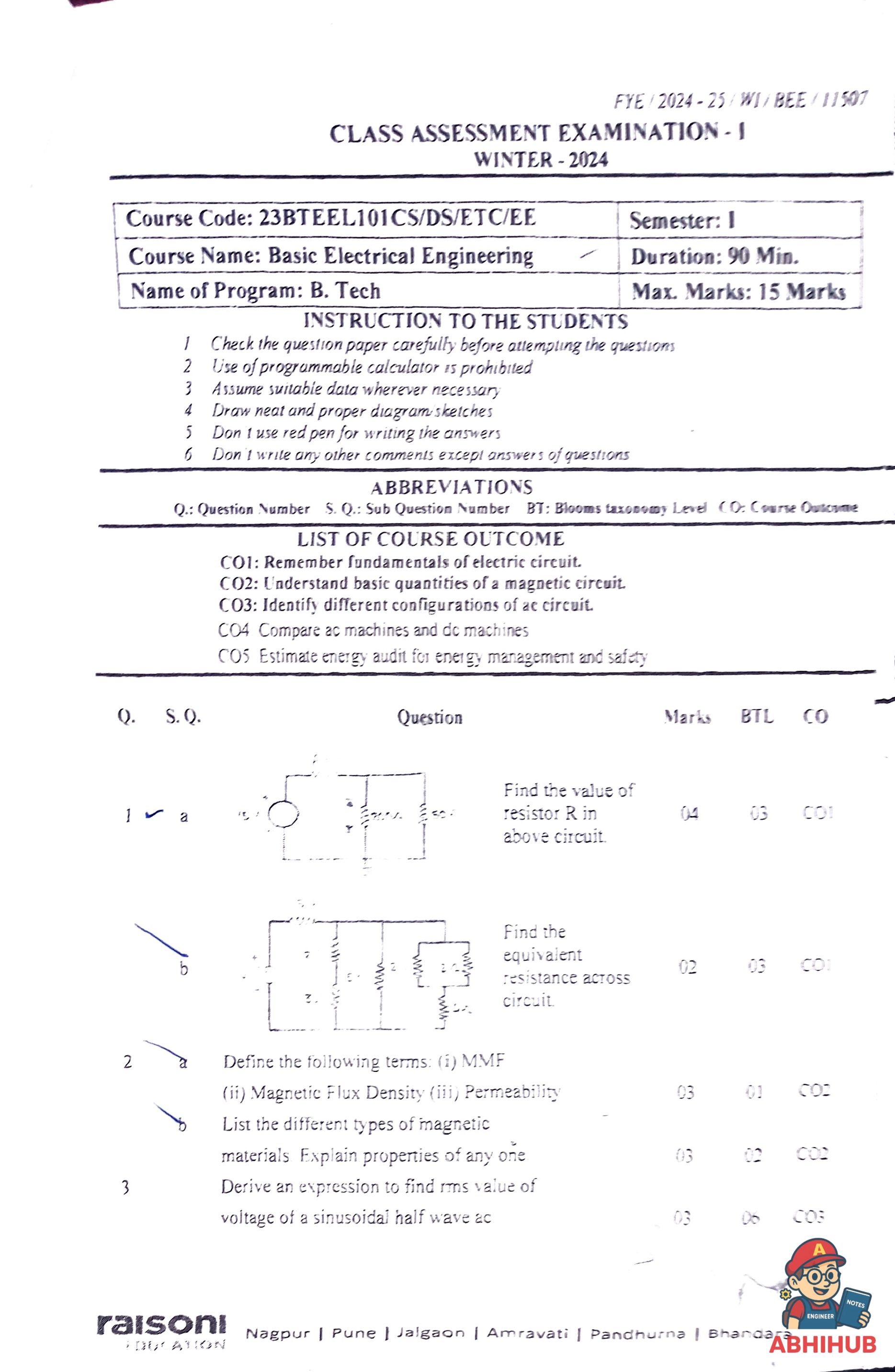 BEE_CAE1 - Basic Electrical Engineering Notes for G H Raisoni College of Engineering