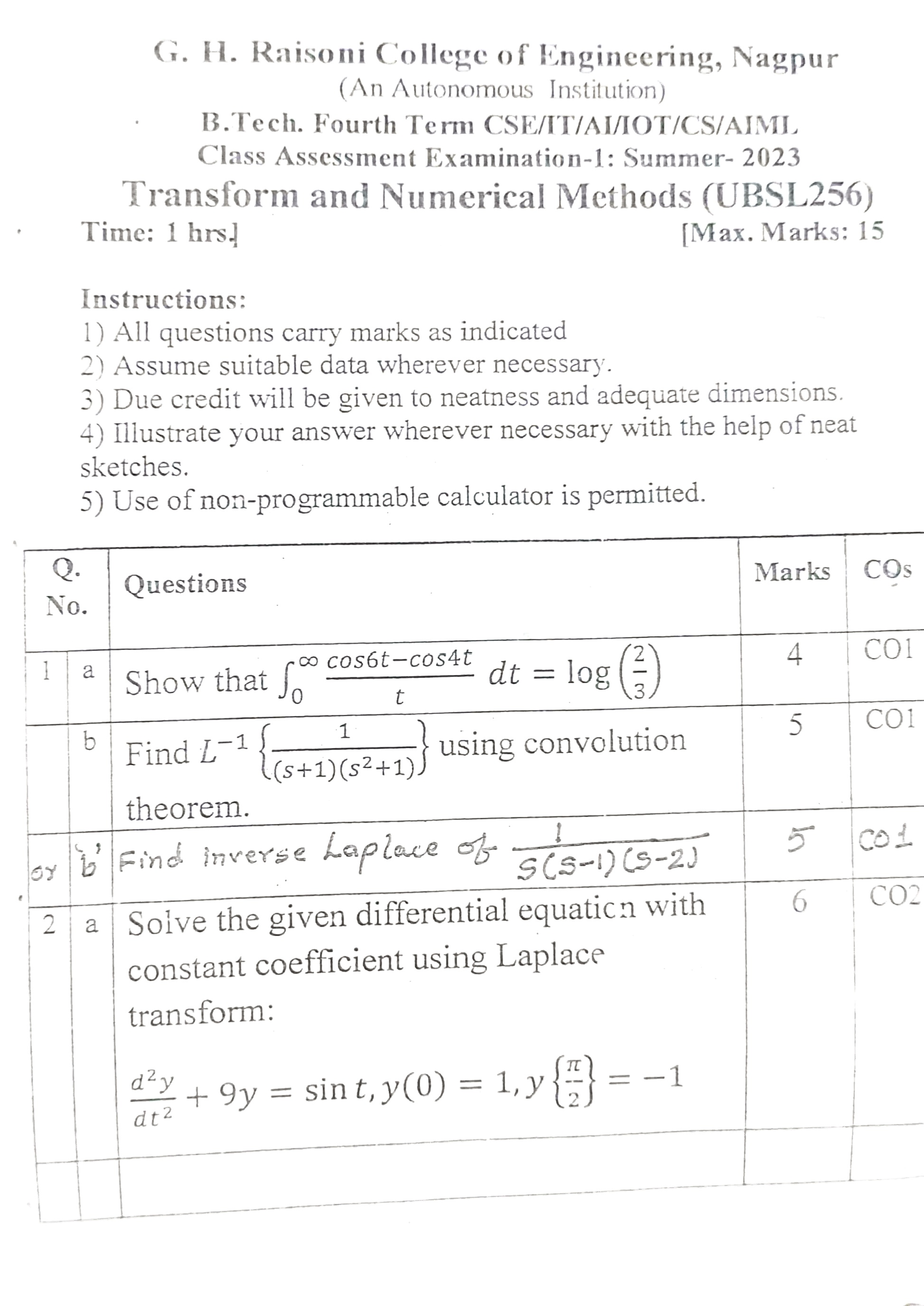 CAE1 Submission - Transforms and Numerical Methods Notes for G H Raisoni College of Engineering
