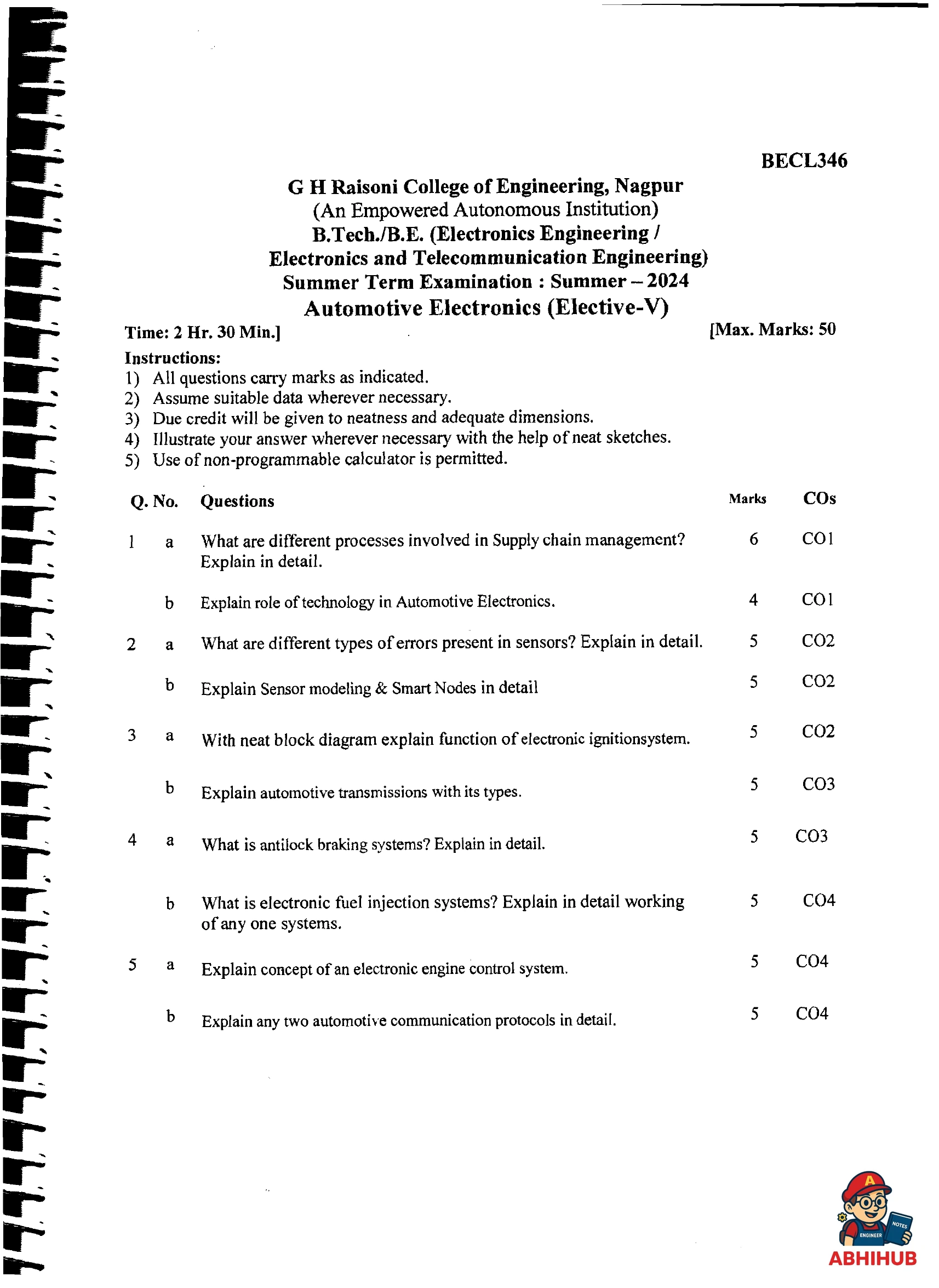 Automotive Electronics - Automotive Electronics Notes for G H Raisoni College of Engineering